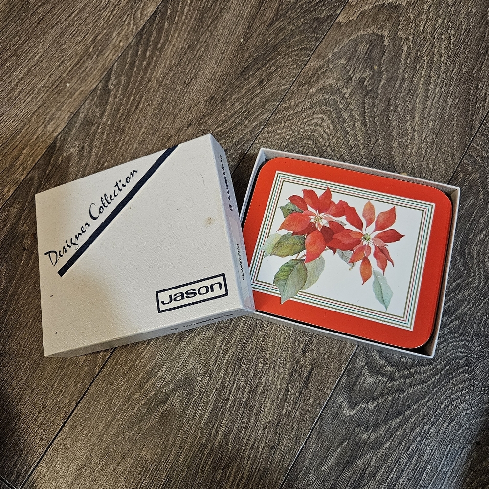 6 Vintage JASON Drink Coasters Cork Backed Christmas Poinsettia Boxed